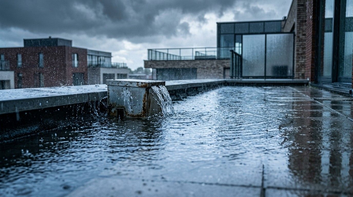 Terrasse sur le toit détrempée par la pluie, avec des flaques d'eau, des nuages ​​sombres et des bâtiments modernes en arrière-plan.
