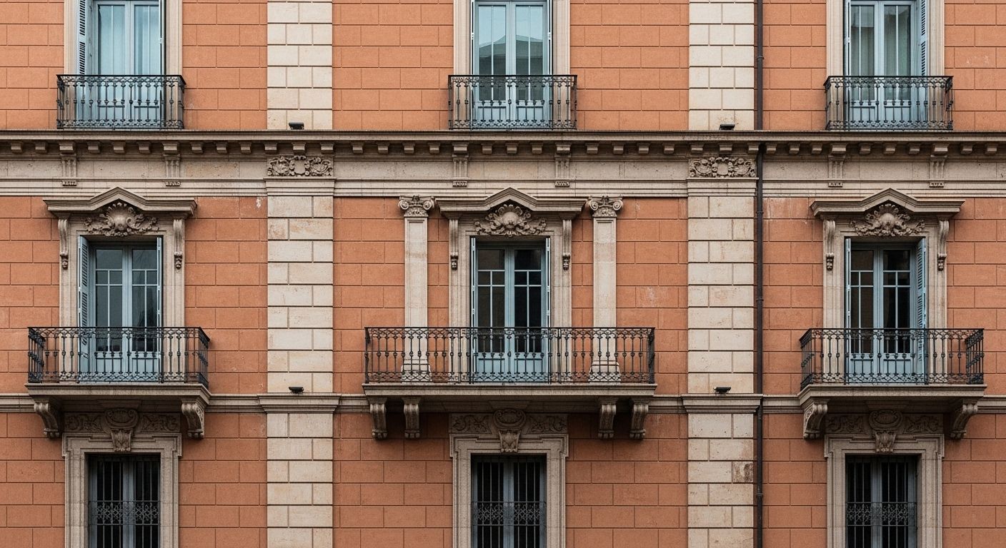 Façade d'un immeuble d'appartements rose et beige avec balcons et fenêtres ornées
