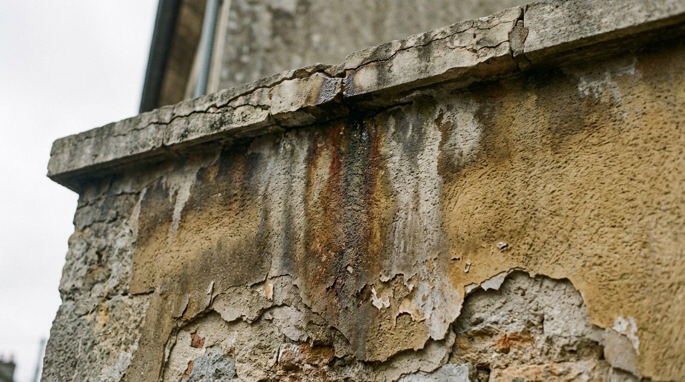 Mur en béton altéré avec plâtre écaillé et taches de rouille près de la ligne de toit