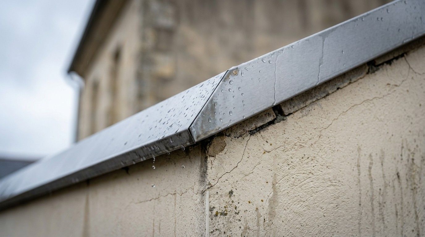 Bordure de toit en métal patiné, tachée de saleté, sur un mur beige sous un ciel couvert.