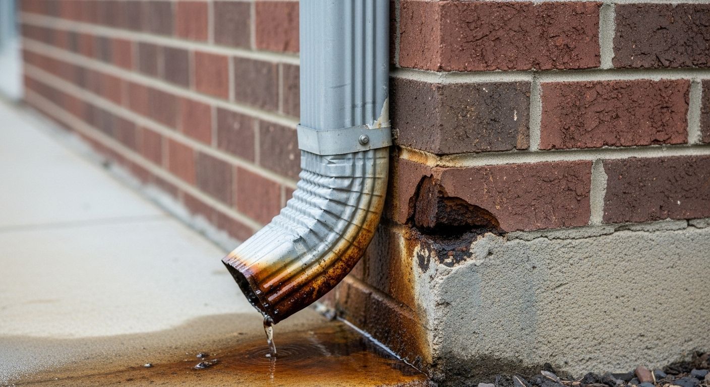 Une descente de gouttière laisse échapper de l'eau rouillée sur un mur de briques et des fondations en béton.