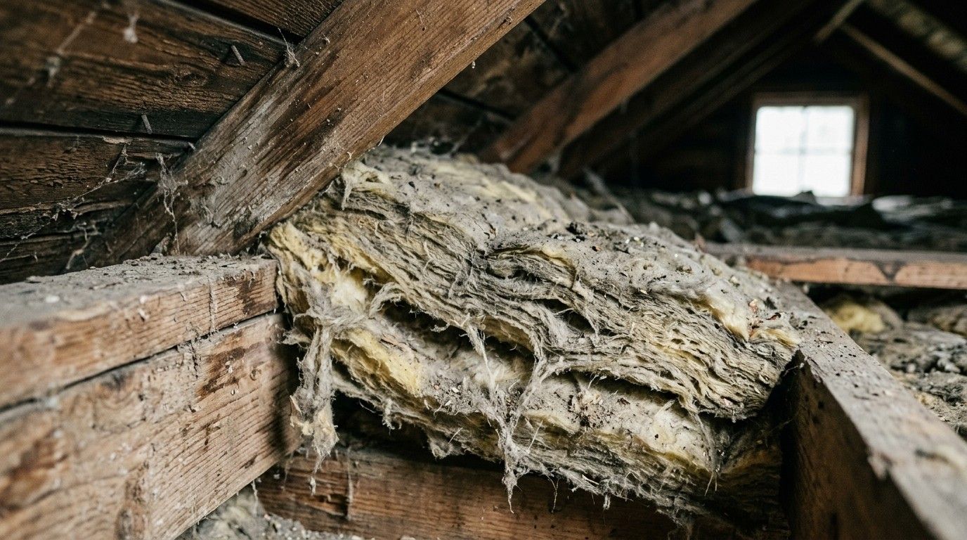Isolation recouverte de moisissures et poutres en bois apparentes dans un grenier endommagé avec une petite fenêtre.