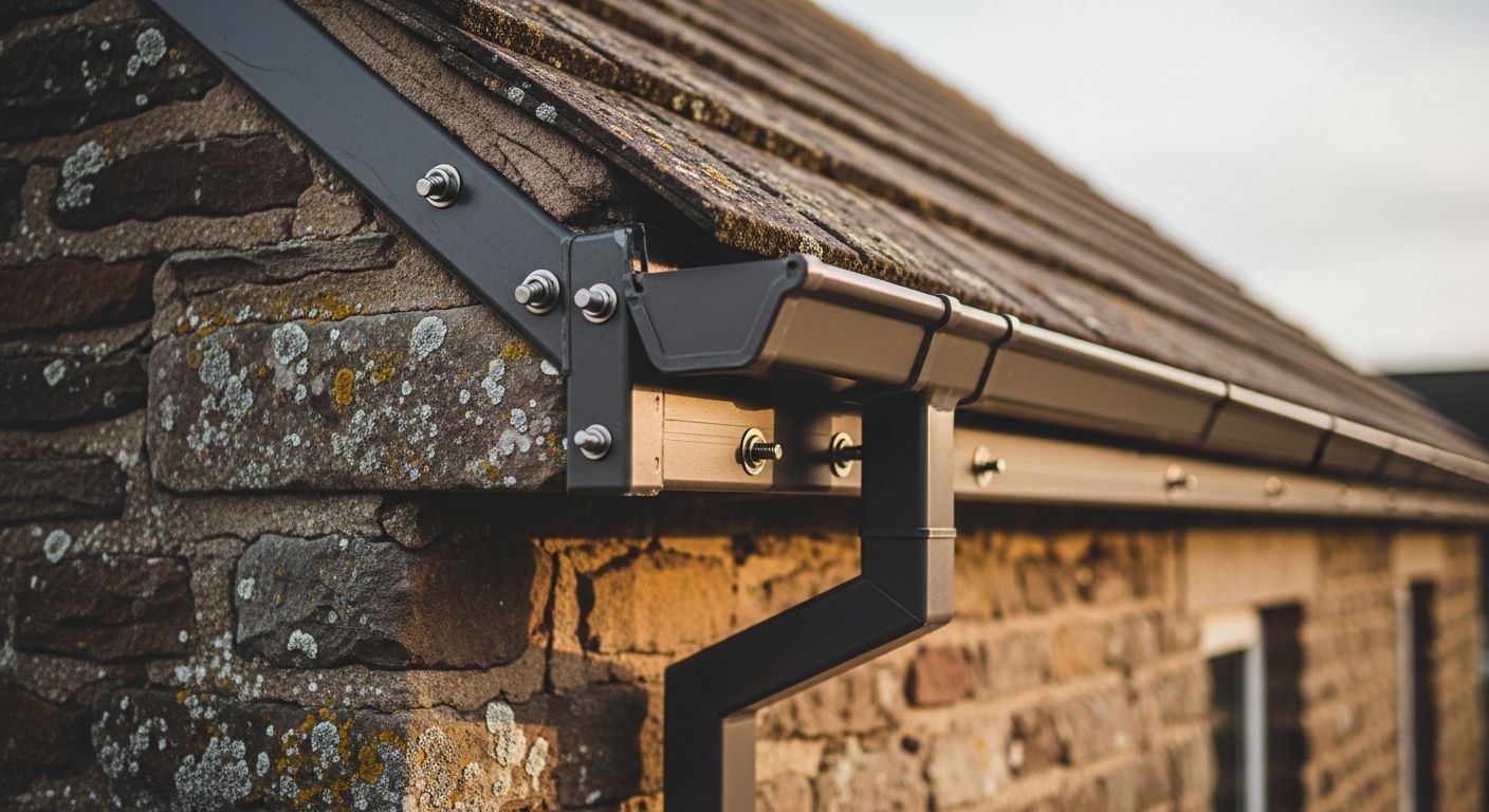 Gros plan sur le bord du toit d'un bâtiment en pierre, avec des supports de gouttière en métal foncé et des bardeaux bruns.