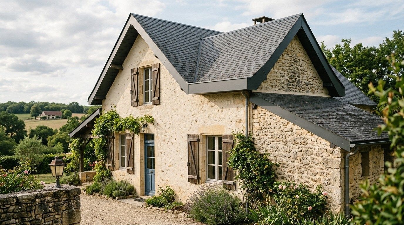 Maison en pierre au toit gris et aux vignes vertes dans un cadre champêtre