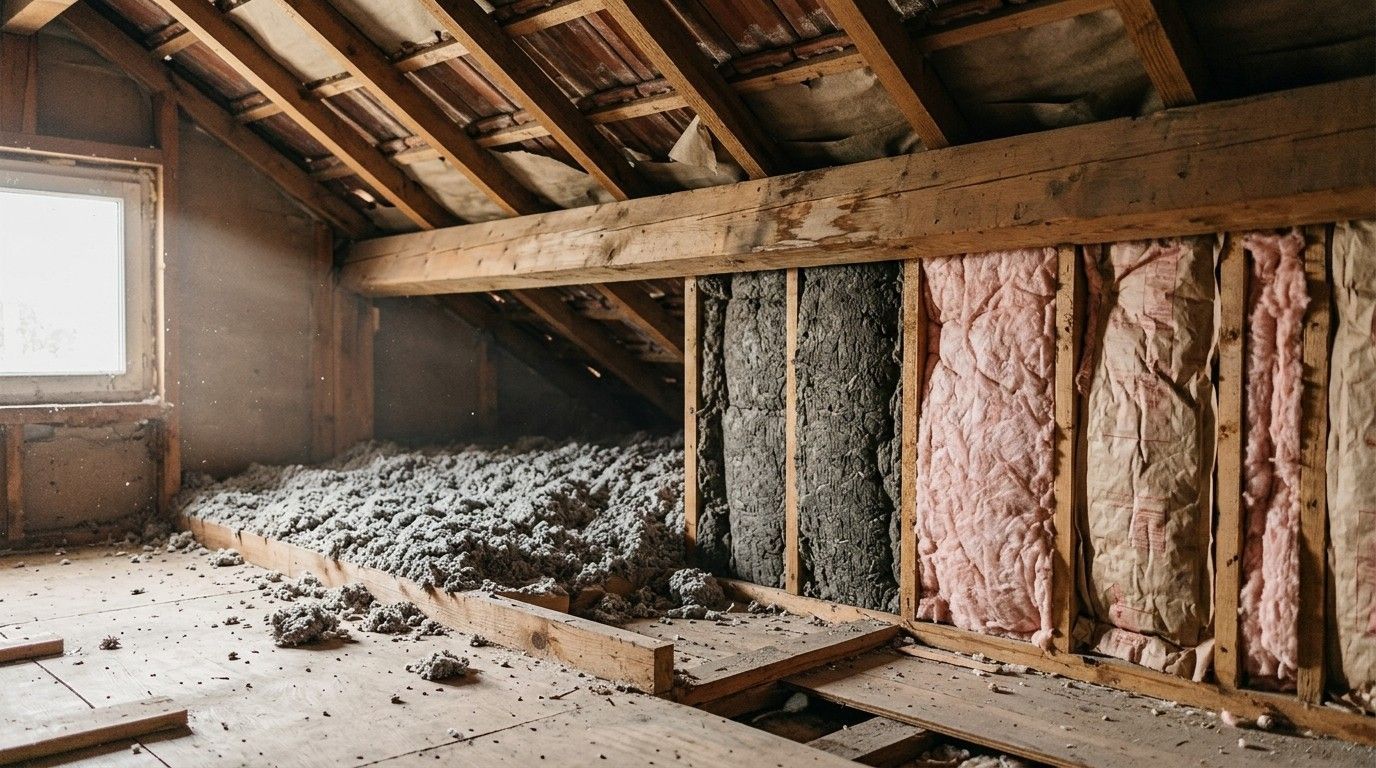 Grenier non aménagé avec poutres apparentes, isolation dans les murs et débris au sol près d'une petite fenêtre