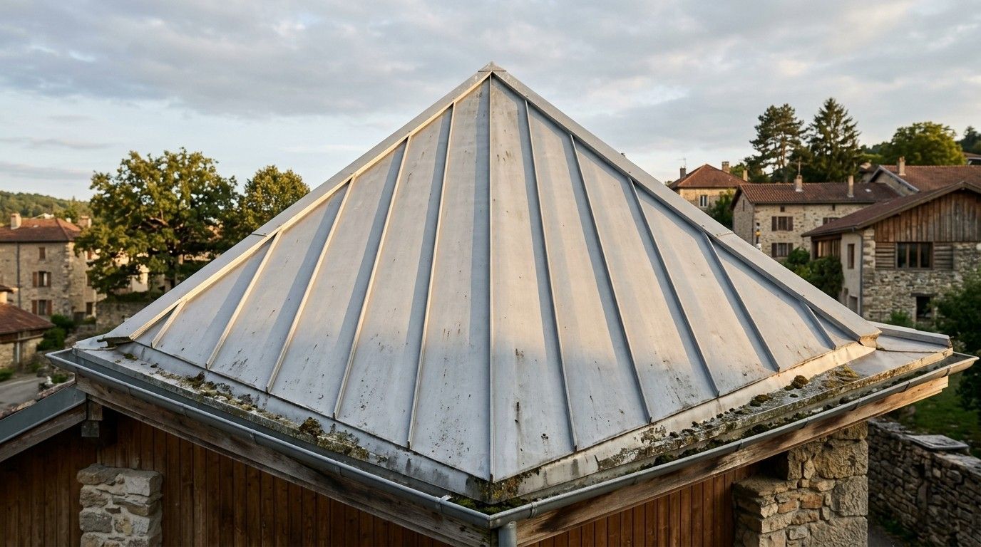 Toit pyramidal en métal blanc sur un bâtiment en pierre, avec un quartier à flanc de colline en arrière-plan.