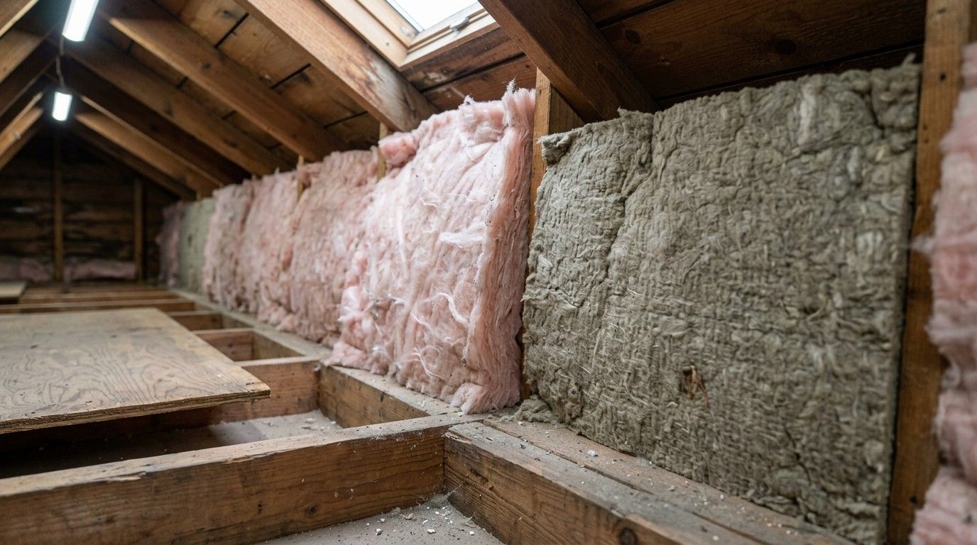 Mur du grenier avec isolation en fibre de verre rose et grise entre les chevrons et les poutres en bois apparents.