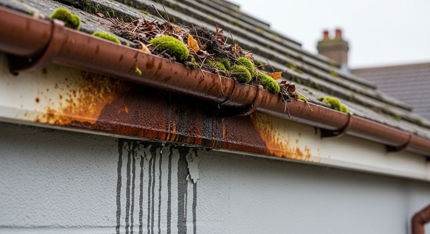 Gouttière de toit obstruée, tachée de rouille et recouverte de mousse verte, sur la façade d'une maison.