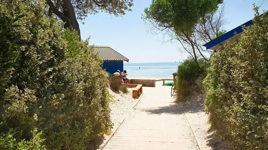Sandy path through greenery to a sunny beach with a bench and blue-roofed huts