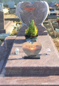 Tombe en granit rose avec plaque funéraire et plante