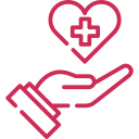 Main rose tenant un cœur avec une croix médicale