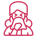 Dessin au trait rose représentant une personne portant une casquette et tenant un mégaphone, criant ou faisant une annonce.