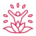 Logo de fleur de lotus rose avec une silhouette abstraite, des feuilles et de petites formes en forme de larme au-dessus