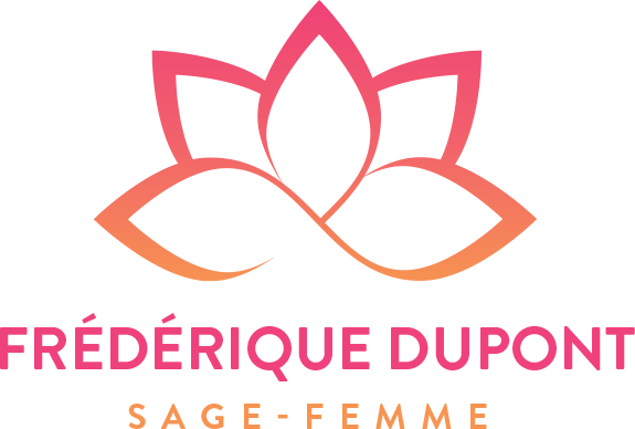 Logo avec fleur rose et orange, texte « Frédérique Dupont », « sage-femme » en dessous