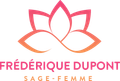Logo avec fleur rose et orange, texte « Frédérique Dupont », « sage-femme » en dessous