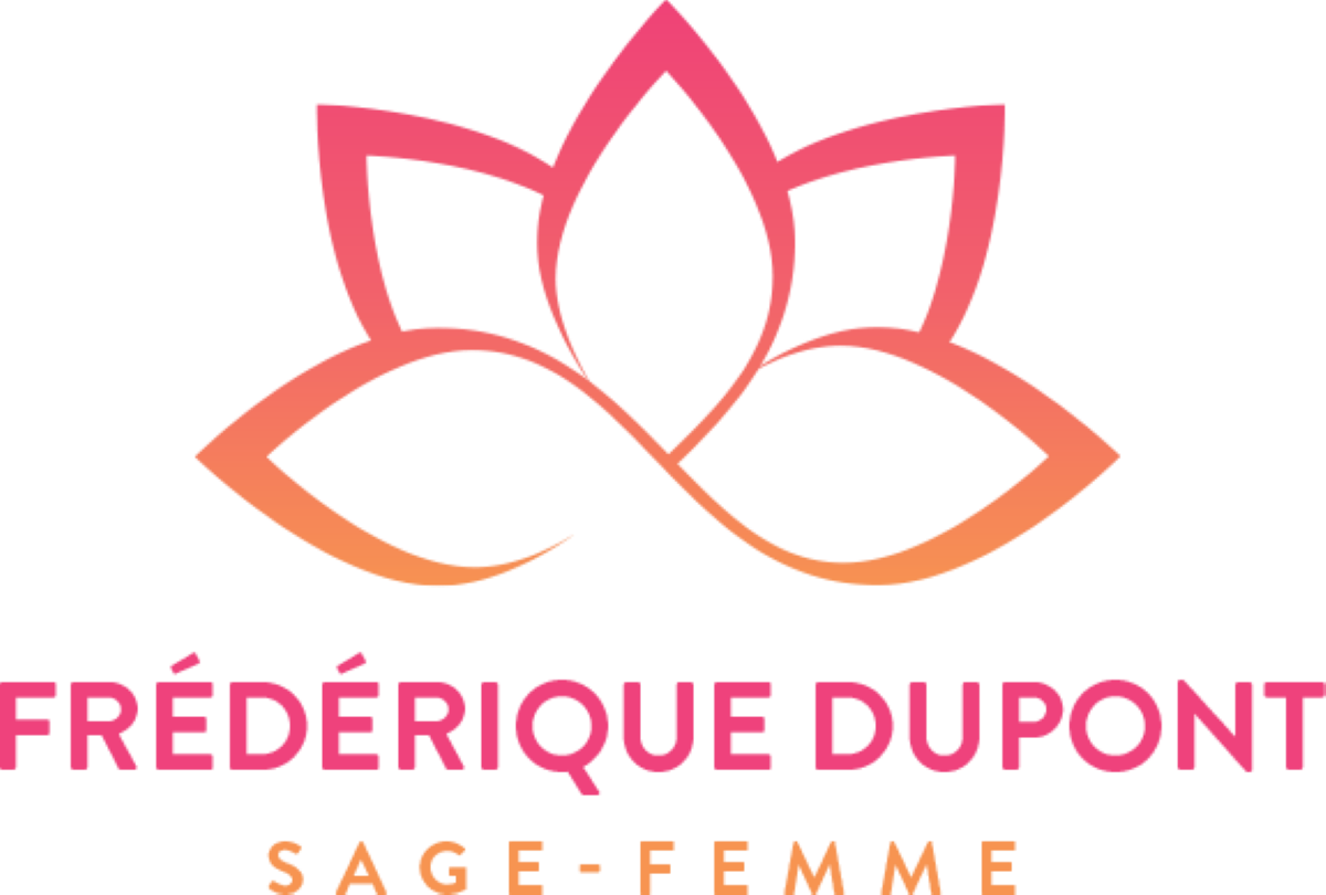 Logo avec fleur rose et orange, texte « Frédérique Dupont », « sage-femme » en dessous