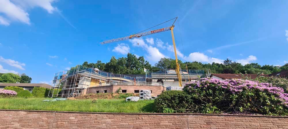 Baustelle mit einem gelben Kran unter strahlend blauem Himmel, im Hintergrund Bäume und ein blühender Busch.