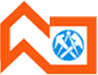 Orangefarbenes stilisiertes Logo mit einem Gebäudeumriss und einem eingefügten blauen Kreis mit gekreuzten Spitzhacken und einer Flagge.