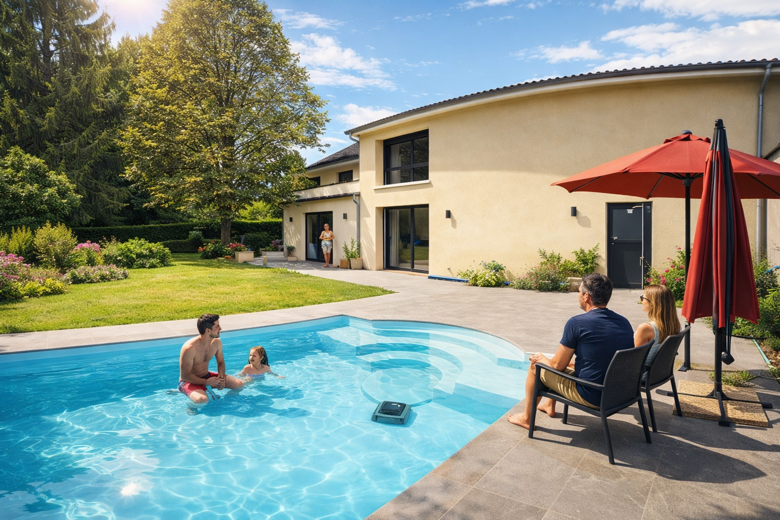 Une famille profite d'une journée ensoleillée au bord d'une piscine dans le jardin d'une maison ombragée par un parasol rouge.