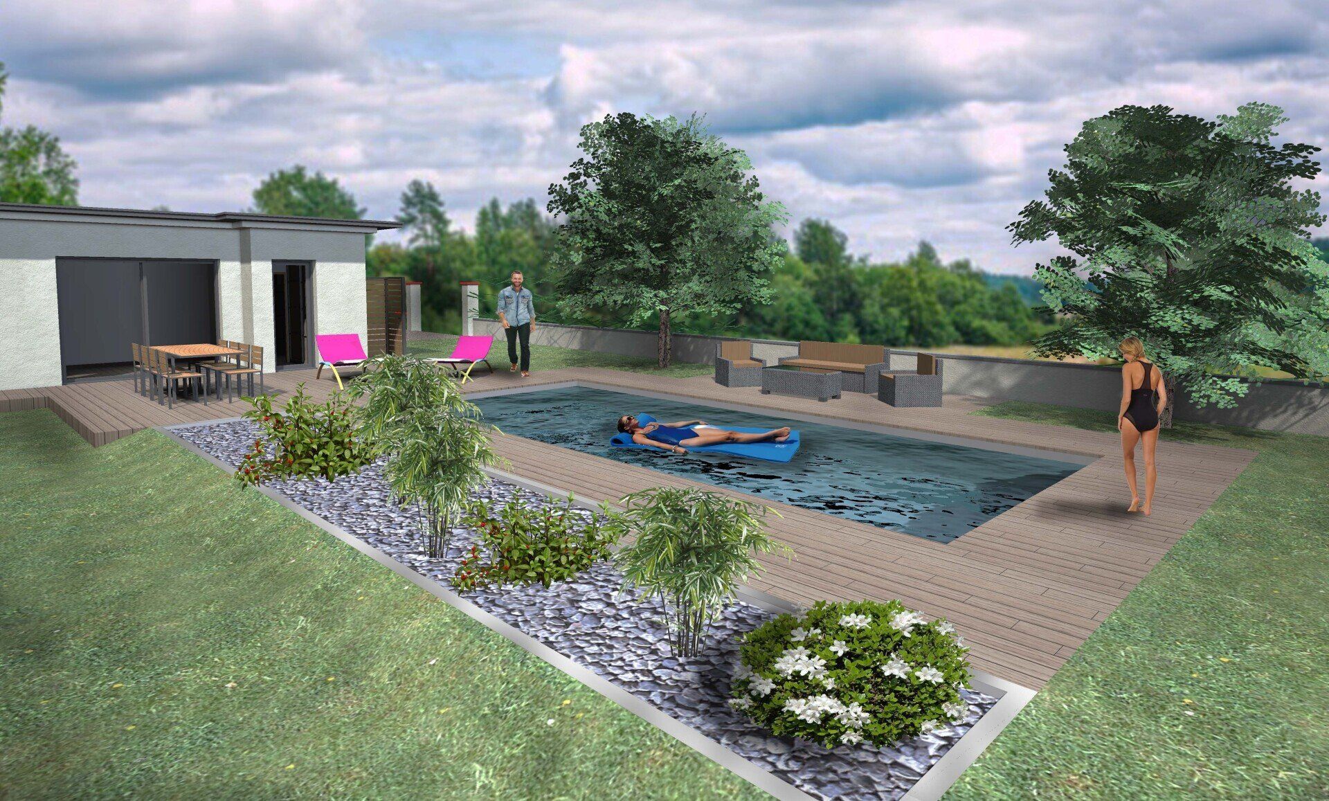 Un espace piscine dans le jardin avec mobilier de terrasse, une personne flottant sur un radeau et des aménagements paysagers verdoyants.