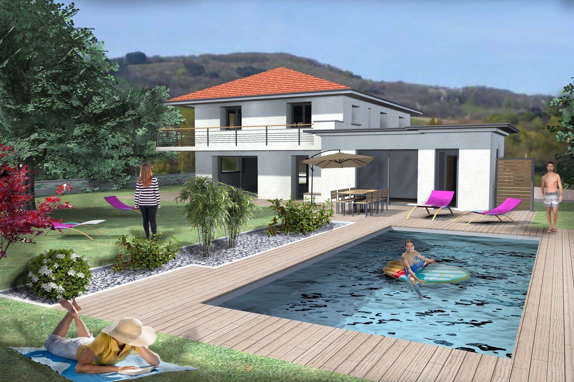 Une maison blanche au toit de tuiles rouges surplombe une piscine et un jardin où des gens se détendent et nagent.