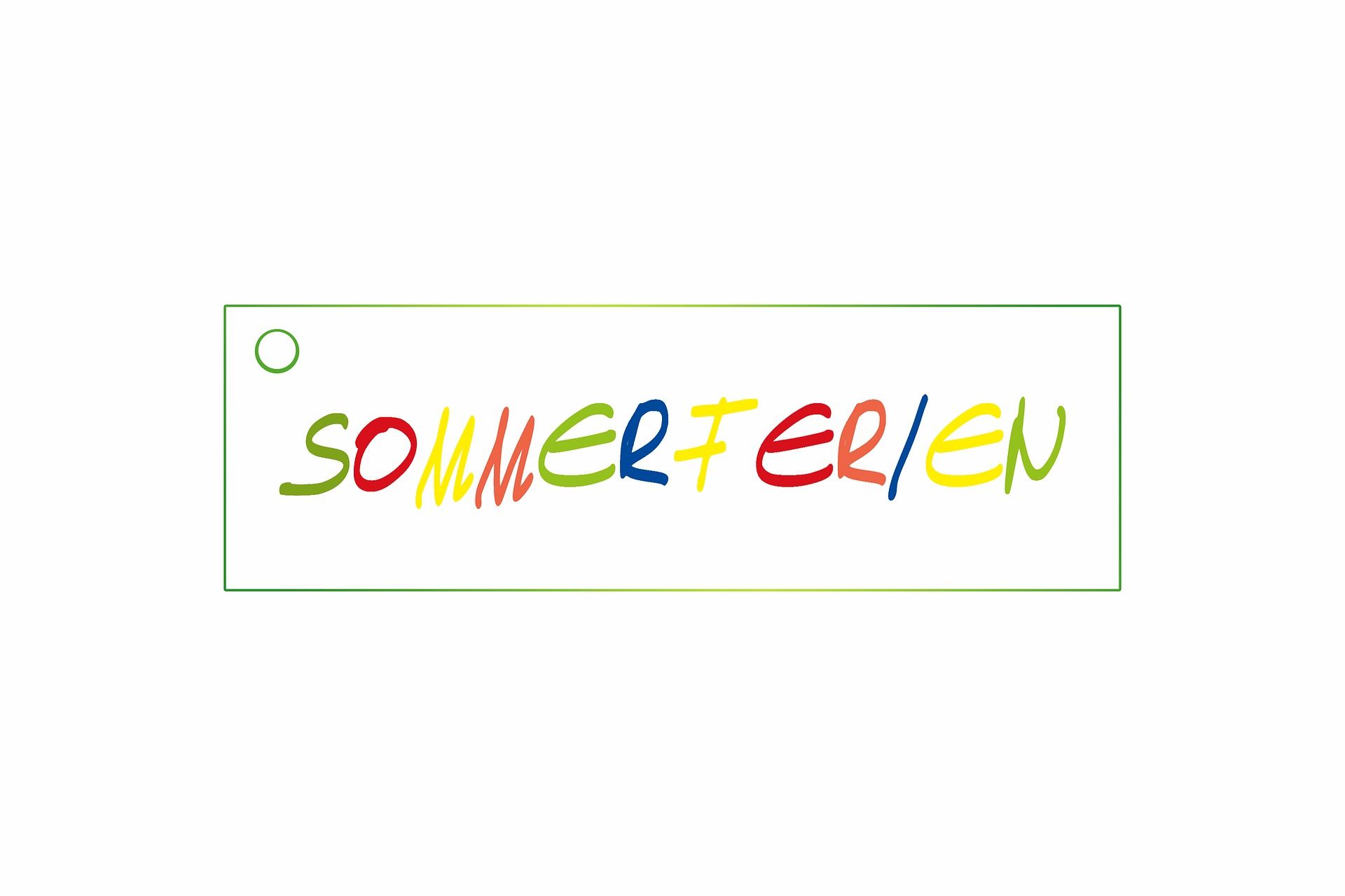 Buntes, stilisiertes Wort „SOMMERFERIEN“ in einem dünnen grünen Rechteck auf weißem Hintergrund