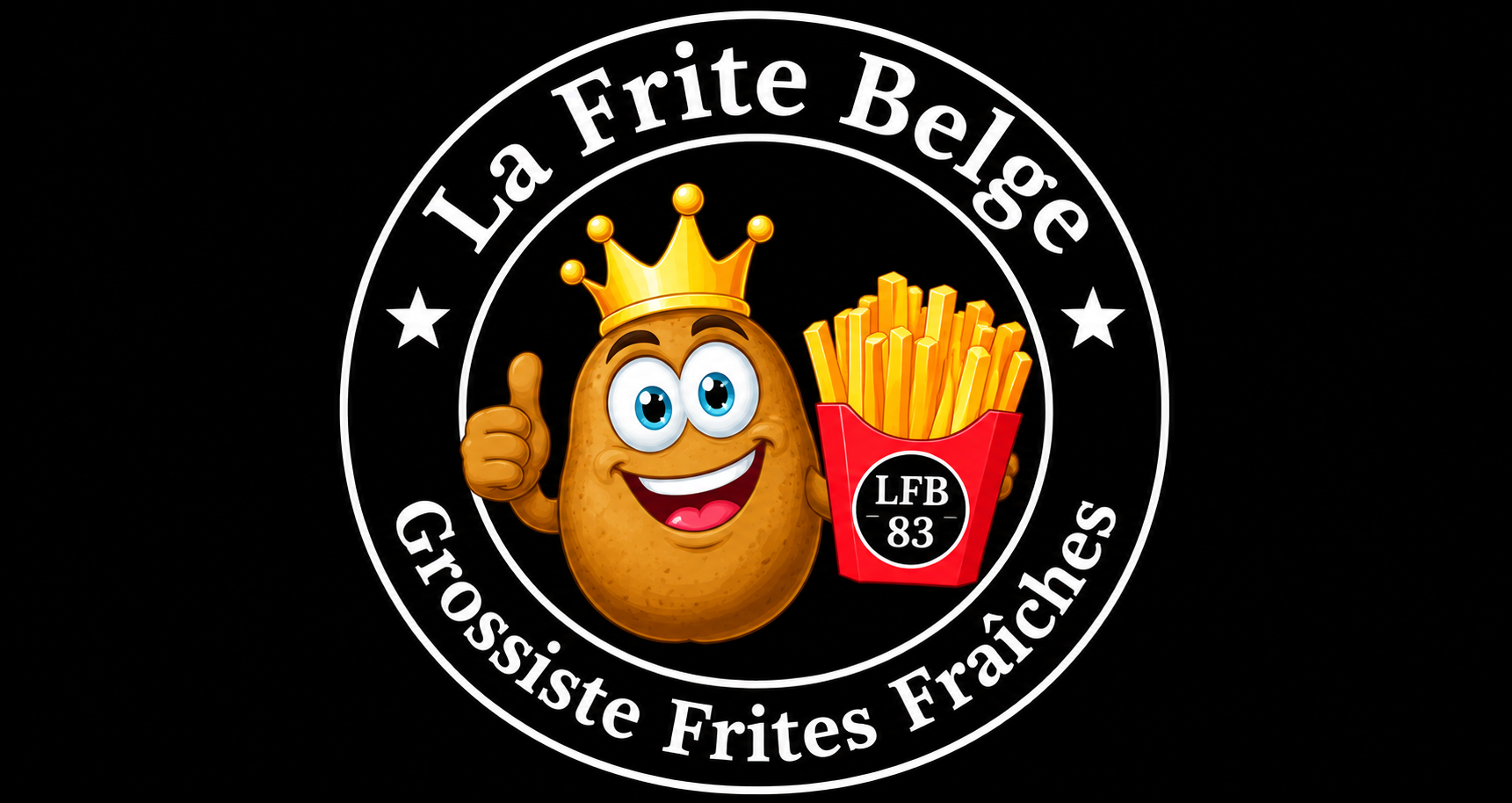 Dans ce logo circulaire, une pomme de terre dessinée avec une couronne lève le pouce tout en tenant un récipient de frites.