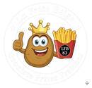 Dans ce logo circulaire, une pomme de terre dessinée avec une couronne lève le pouce tout en tenant un récipient de frites.