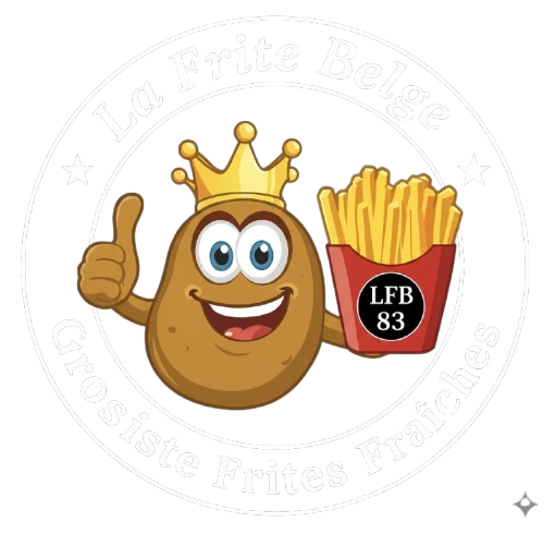 Dans ce logo circulaire, une pomme de terre dessinée avec une couronne lève le pouce tout en tenant un récipient de frites.