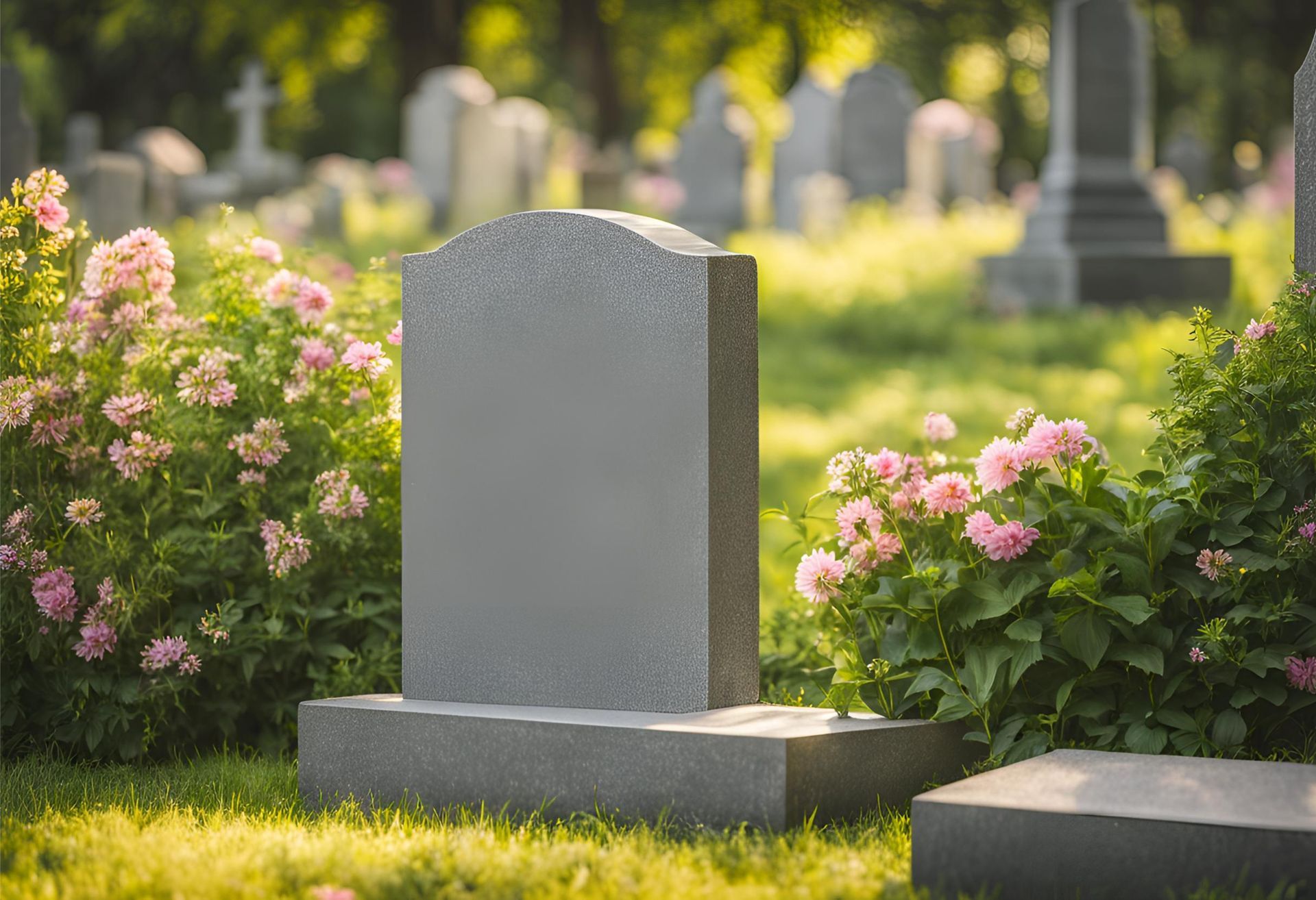 Pierre tombale grise vierge dans un cimetière ensoleillé, entourée de fleurs roses et d'autres pierres tombales.