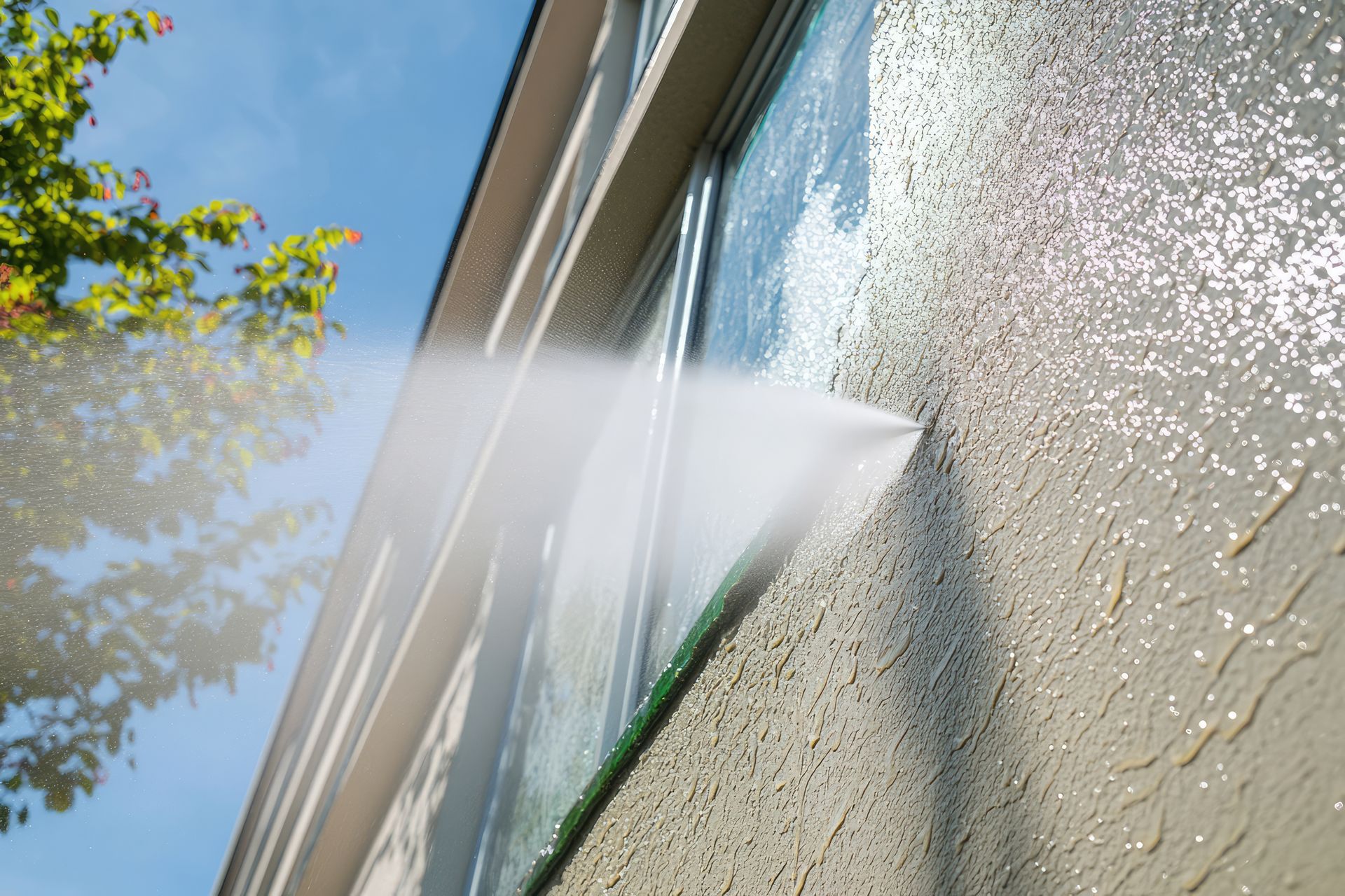 De l'eau jaillissant d'un tuyau d'arrosage sur une fenêtre et un mur d'une maison par une journée ensoleillée