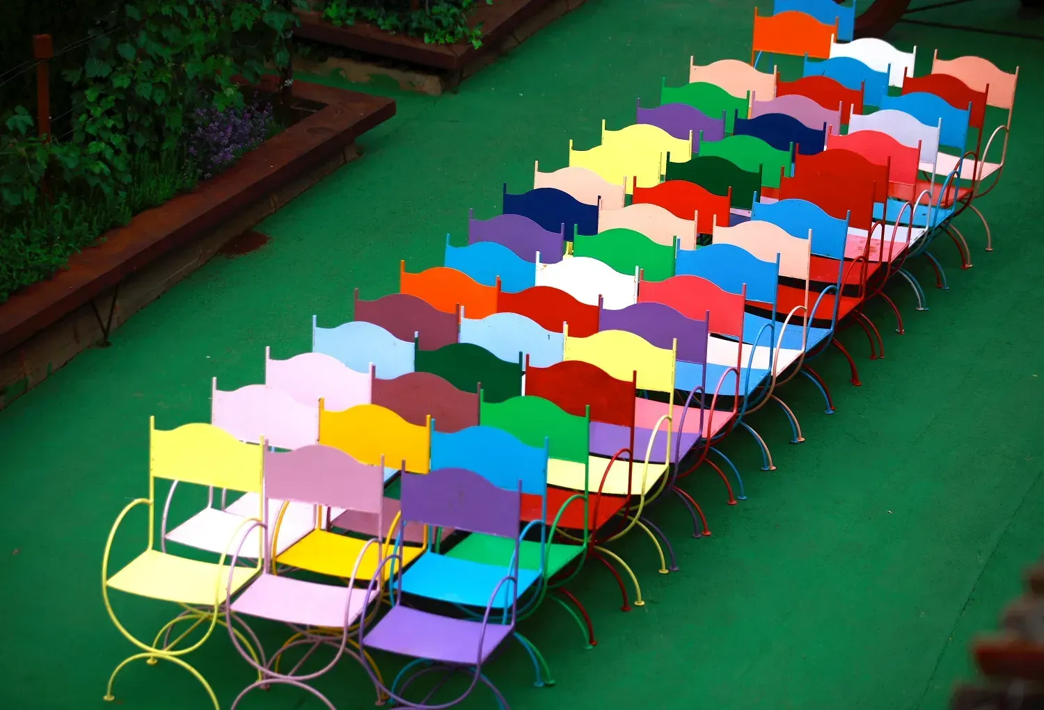 Filas de sillas de colores brillantes dispuestas sobre césped verde, al aire libre.