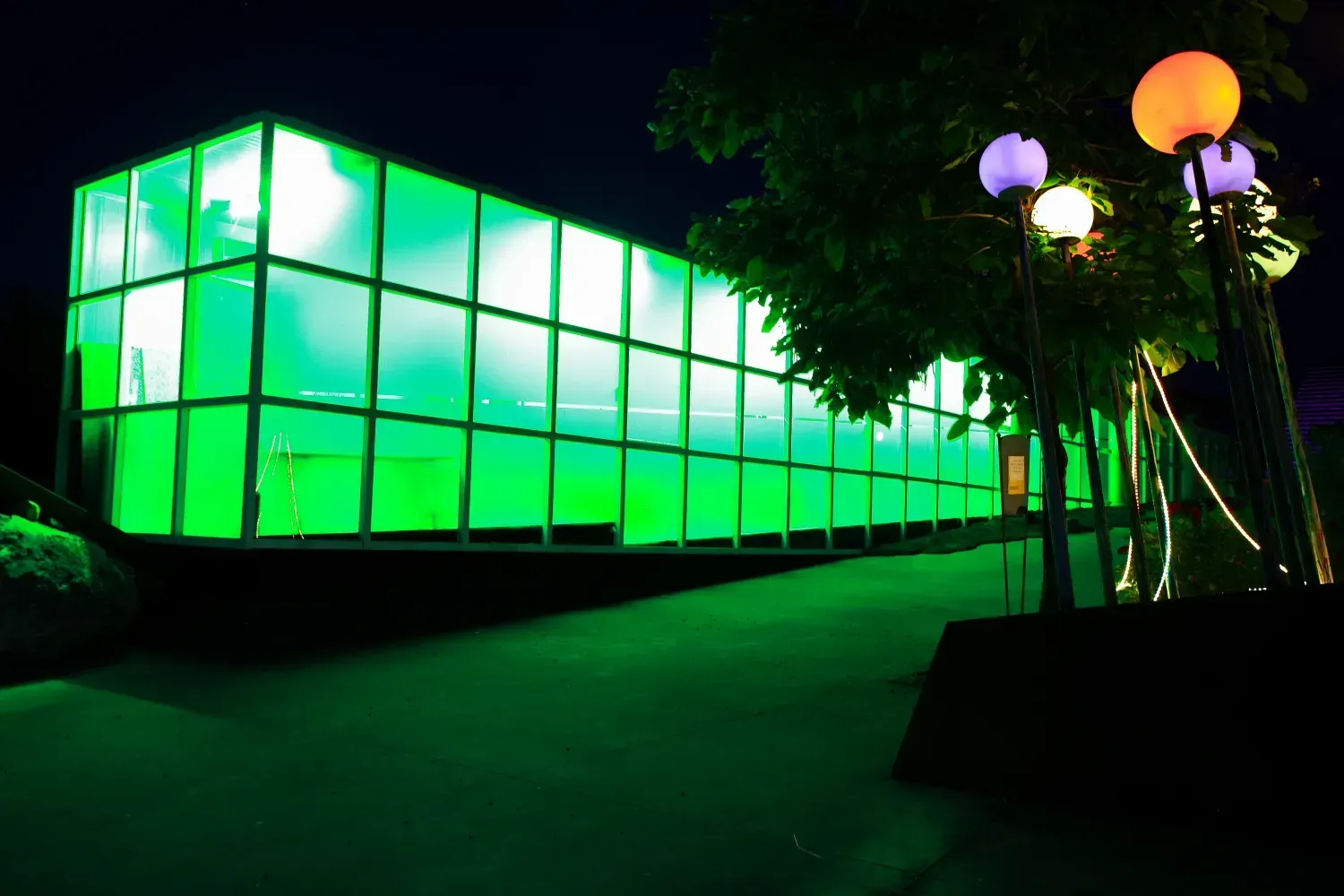 Edificio verde brillante por la noche con luces de cadena en un árbol.