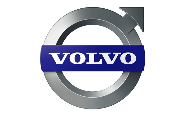 El logotipo de Volvo: un círculo plateado con una flecha diagonal apuntando hacia arriba a la derecha, sobre un rectángulo azul con "VOLVO" en blanco.