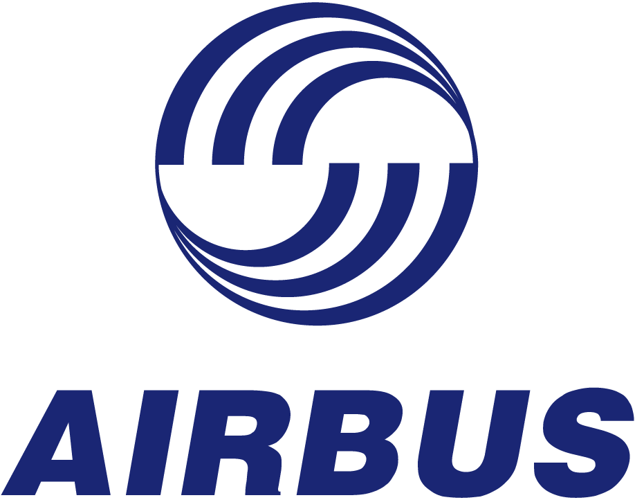 El logotipo azul oscuro de Airbus presenta un ícono circular con tres líneas curvas sobre la palabra "AIRBUS" en una fuente en negrita.
