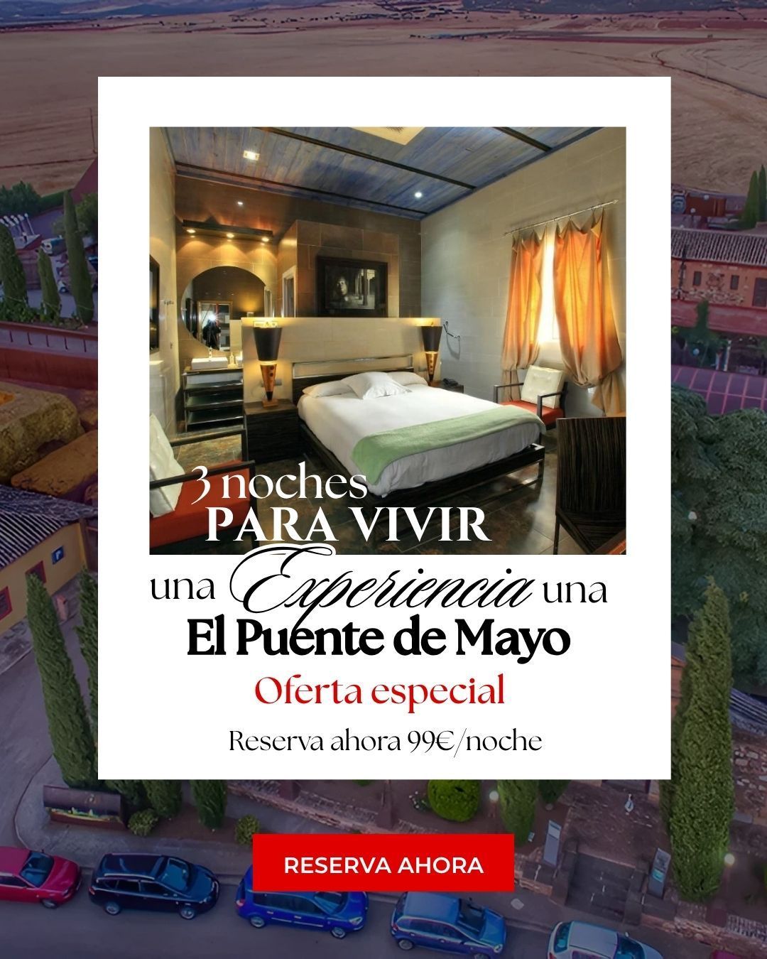 Flyer promocional de escapada gastronómica de Semana Santa que incluye alojamiento, menú especial y botón de reserva.