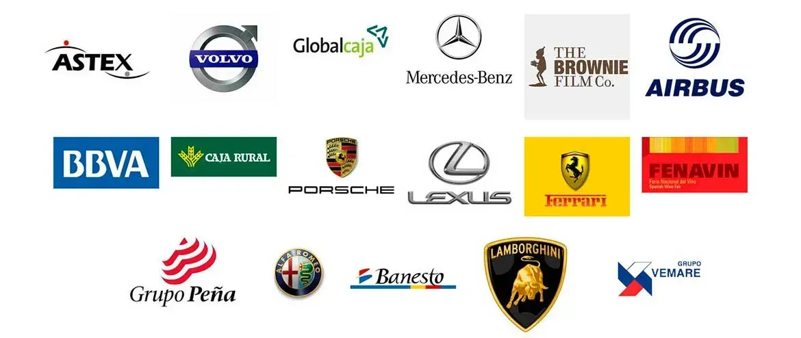 Logotipos de Astex, Volvo, Global Caja, Mercedes-Benz, The Bromie, Airbus, BBVA, Ecover, Porsche, Lexus, Ferrari, Fenin, Grupo Peña, Alfa Romeo, E. Reym y Lamborghini.