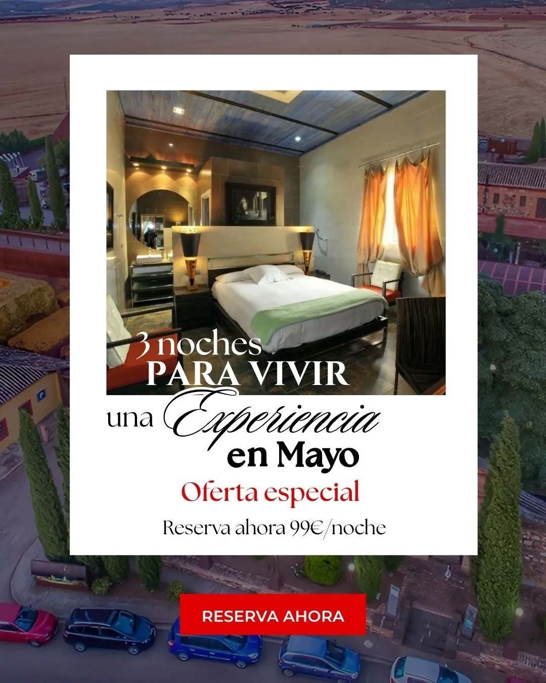 Flyer promocional de escapada gastronómica de Semana Santa que incluye alojamiento, menú especial y botón de reserva.