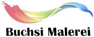 Das Logo von Buchsi Malerei ist ein regenbogenfarbener Pinselstrich.