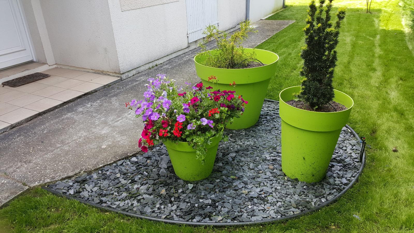 Décor de pétales, ardoises et pots