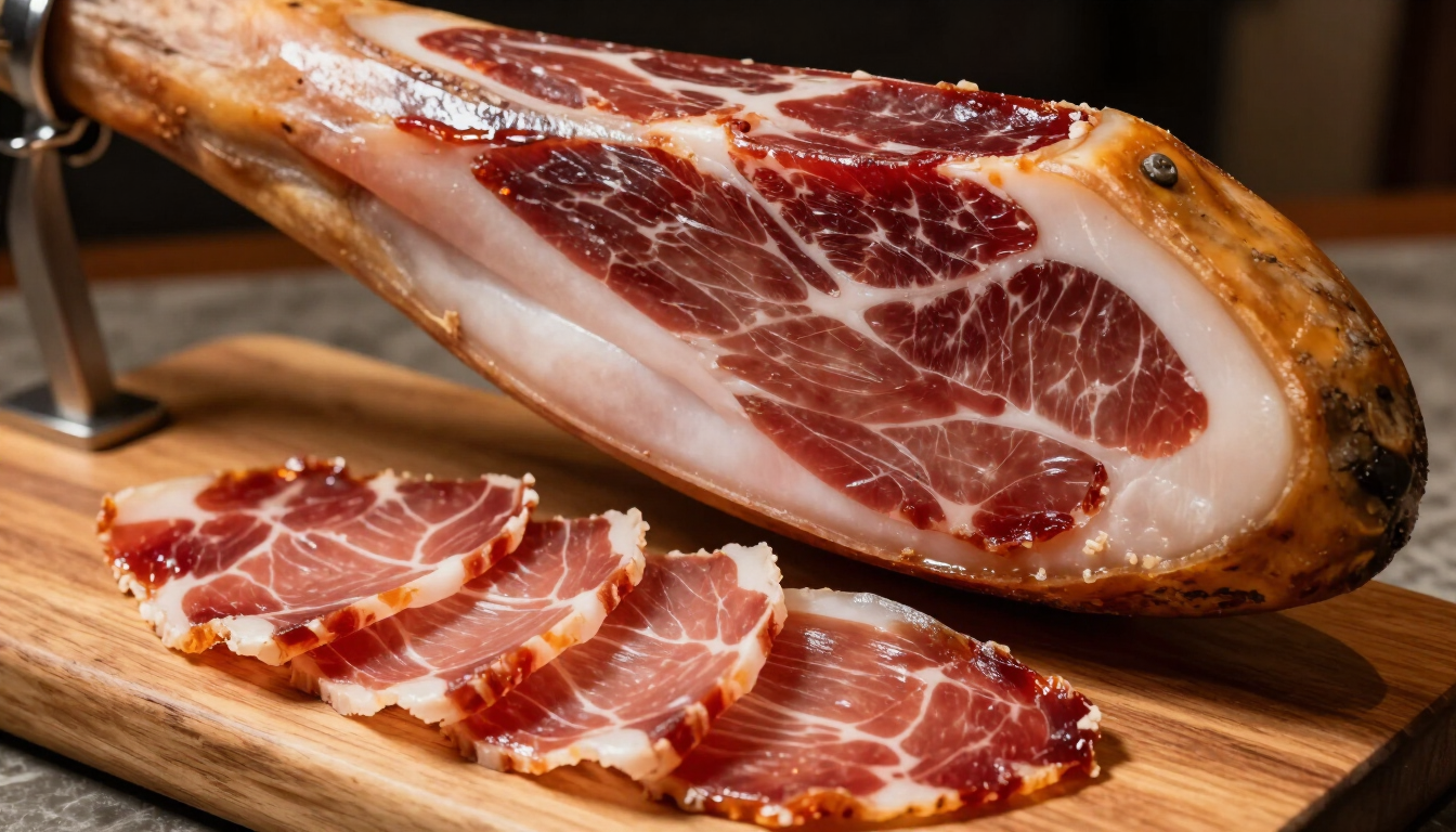 Jamón curado en lonchas sobre una tabla de cortar junto a una gran pierna de jamón con vetas de carne roja y blanca.