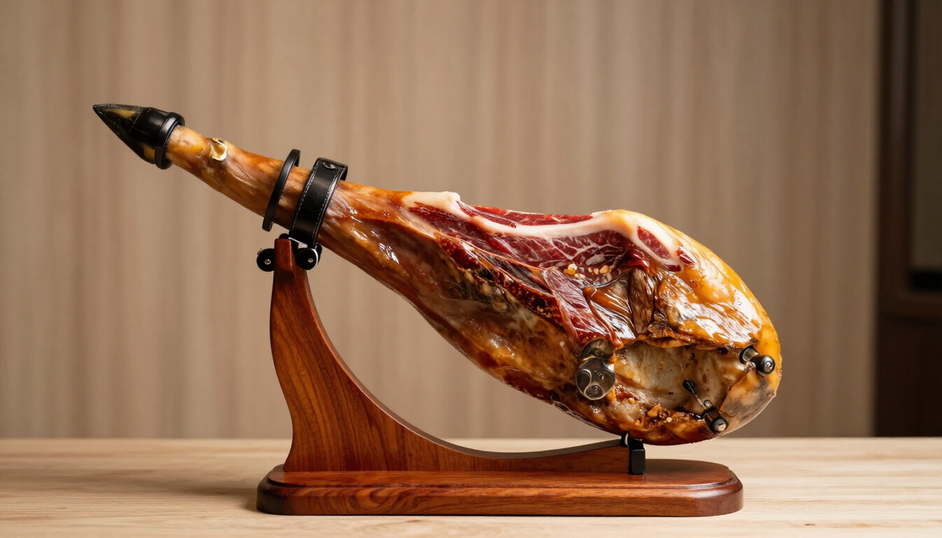 Una pierna de jamón curado sobre un soporte de madera encima de una mesa, con una cortina beige como telón de fondo.