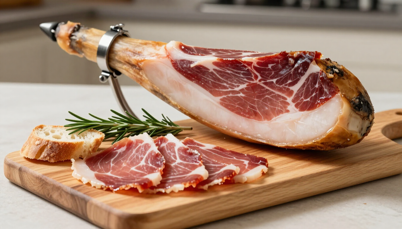 Jamón curado en lonchas sobre una tabla de madera con una ramita de romero y una pata de jamón entera detrás.