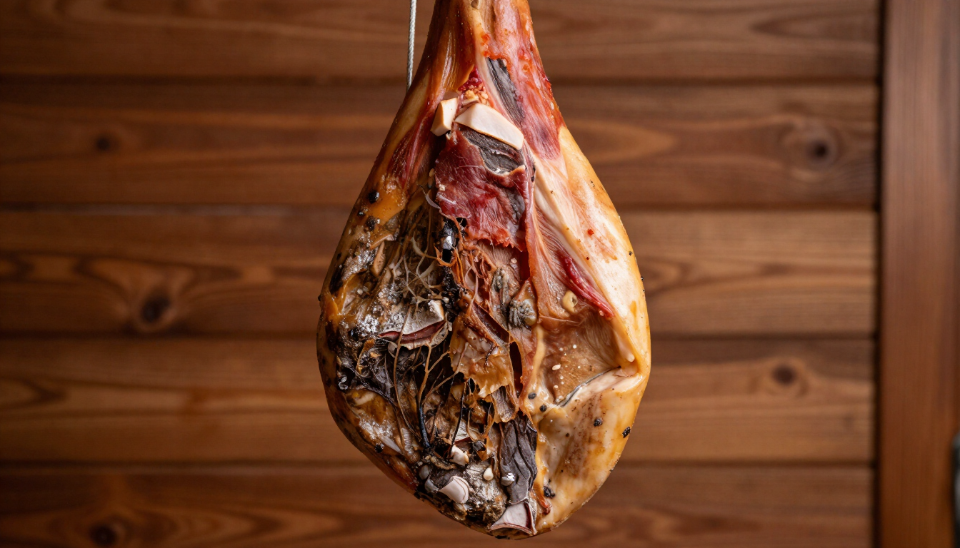 Una pata de jamón curado colgada contra una pared de madera.
