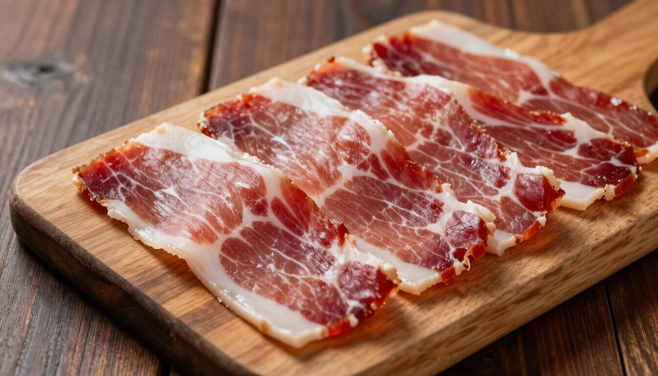 Finas lonchas de jamón curado dispuestas sobre una tabla de cortar de madera en una mesa rústica.