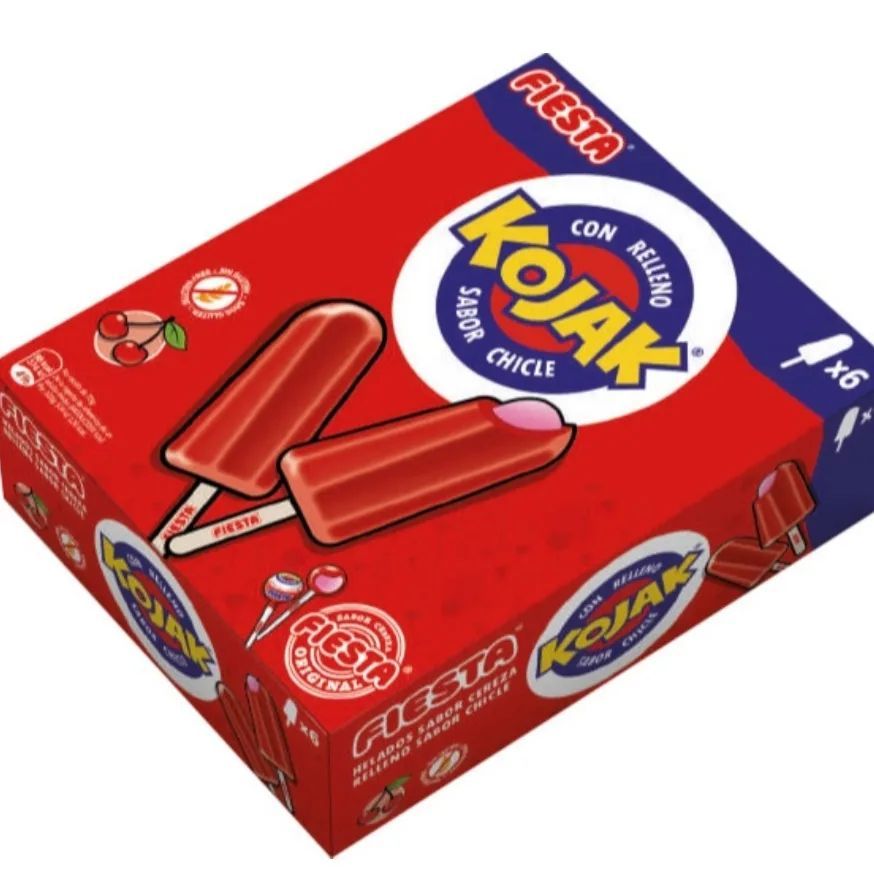Una caja roja de barras de helado Fiesta Kojak