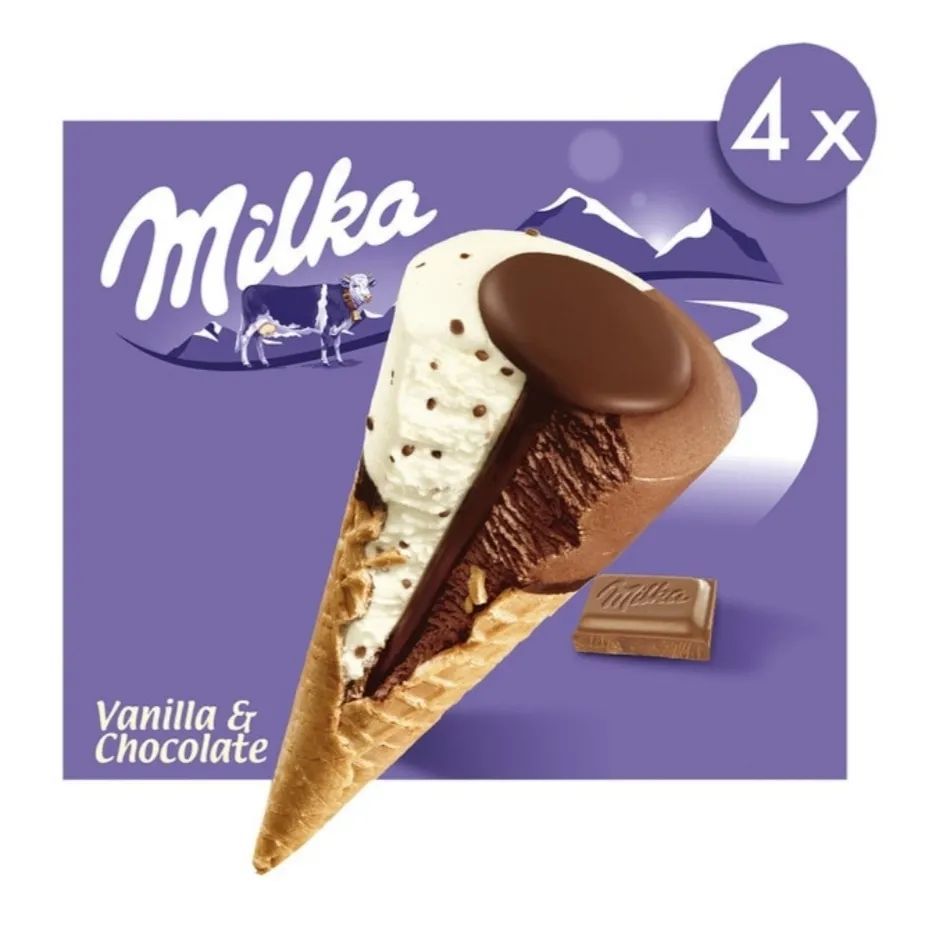Una caja de conos de helado de vainilla y chocolate Milka