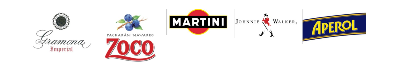 Una fila de logotipos que incluyen martini, aperol y zocco
