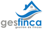 Logotipo de Gesfinca con una casa azul y un gr&aacute;fico de una ola sobre el texto gris y azul &ldquo;gesti&oacute;n de fincas&rdquo; debajo.