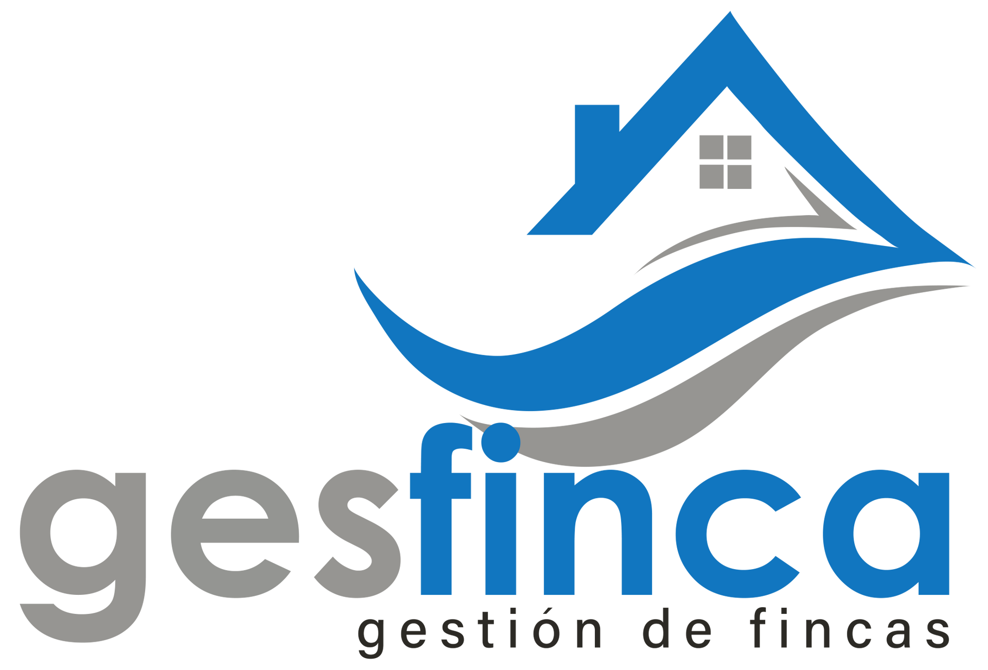 Logotipo de Gesfinca con una casa azul y un gr&aacute;fico de una ola sobre el texto gris y azul &ldquo;gesti&oacute;n de fincas&rdquo; debajo.